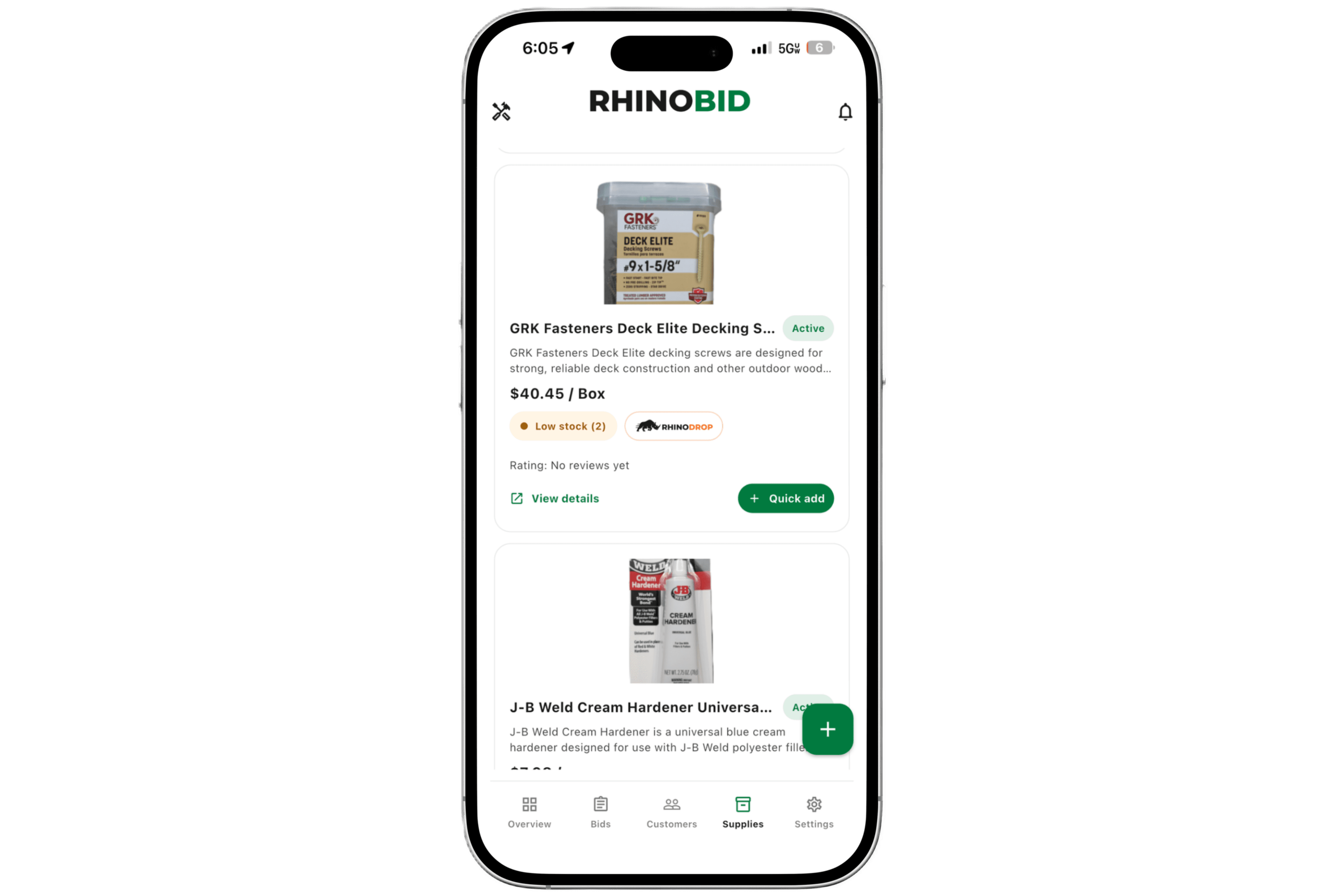 Rhino Bid app on iPhone